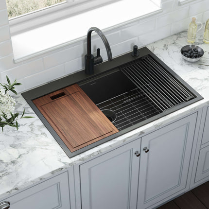 Ruvati 33 inch Gunmetal Black Stainless Steel Workstation Drop-in Topmount Kitchen Sink Single Bowl - RVH5003BL Ruvati