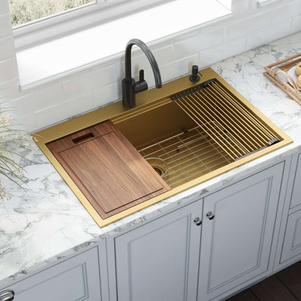 Ruvati 33 inch Polished Brass Matte Gold Workstation Drop-in Topmount Kitchen Sink Single Bowl - RVH5003GG Ruvati