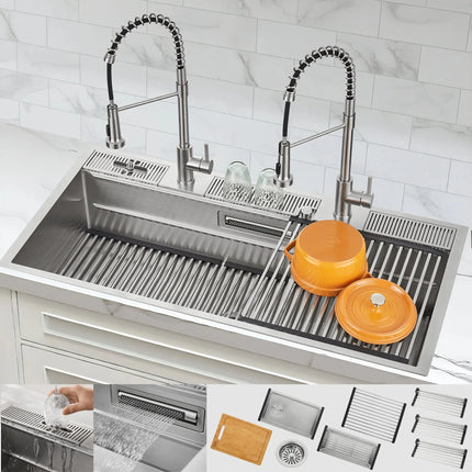 FORNO ACQUA 45 in. Drop-In/Undermount 3-Level Workstation Sink with Two Faucets & Glass Rinser FORNO ACQUA