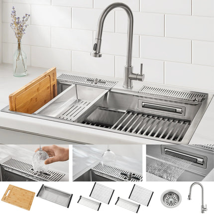 FORNO ACQUA 33 in. Drop-In/Undermount 3-Level Workstation Sink with Faucet, Waterfall & Glass Rinser FORNO ACQUA
