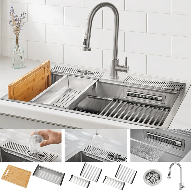 FORNO ACQUA 33 in. Drop-In/Undermount 3-Level Workstation Sink with Faucet, Waterfall & Glass Rinser FORNO ACQUA