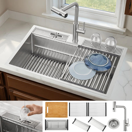 FORNO ACQUA 33 in. Drop-In/Undermount 3-Level Workstation Sink with Waterfall Faucet & Glass Rinser FORNO ACQUA