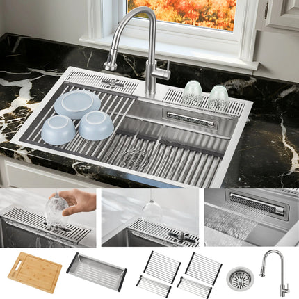 FORNO ACQUA 33 in. Drop-In/Undermount 3-Level Workstation with Retractable Faucet & Glass Rinser FORNO ACQUA