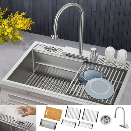 FORNO ACQUA 33 in. Drop-In/Undermount MultiSINK Workstation Sink with Waterfall Faucet & Glass Rinser FORNO ACQUA
