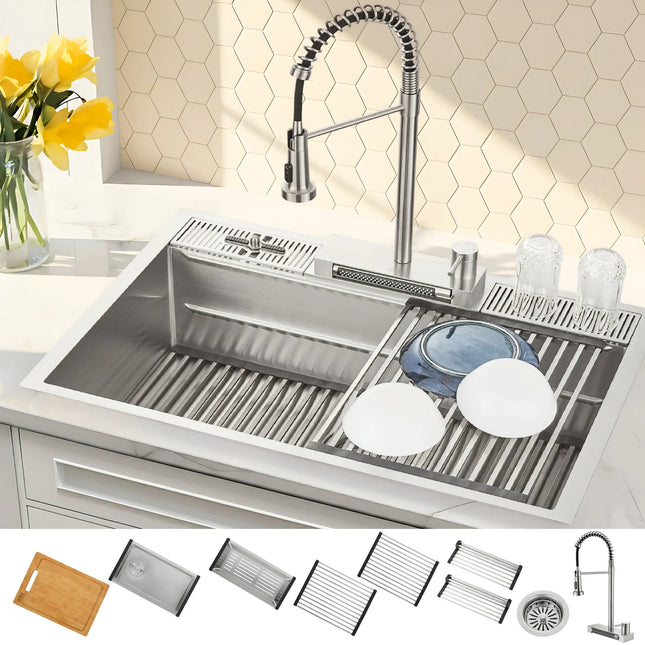 FORNO ACQUA 33 in. Drop-In/Undermount 3-Level MultiSINK Workstation Sink with Waterfall Faucet & Glass Rinser FORNO ACQUA