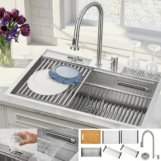 FORNO ACQUA 33 in. Drop-In/Undermount 3 Level Workstation Sink with Faucet, Waterfall & Glass Rinser FORNO ACQUA