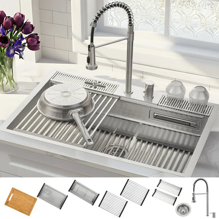 FORNO ACQUA 33 in. Drop-In/Undermount 3-Level Workstation Sink with Faucet, Waterfall & Glass Rinser FORNO ACQUA