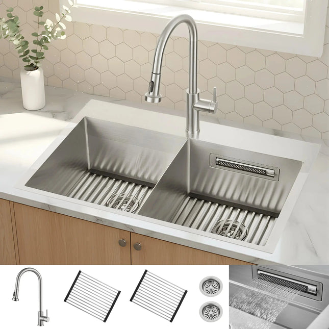 FORNO ACQUA 33 in. Drop-In/Undermount 50/50 Double Bowl Stainless Steel Sink with Faucet & Waterfall FORNO ACQUA