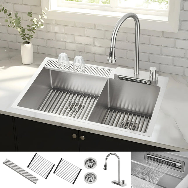 FORNO ACQUA 33 in. Drop-In/Undermount 40/60 Double Bowl Stainless Steel Sink with Waterfall Faucet FORNO ACQUA