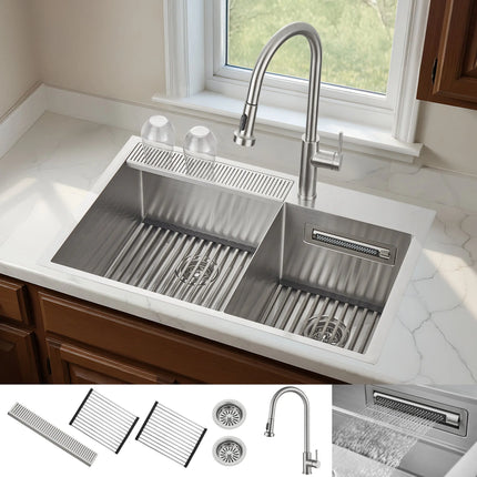 FORNO ACQUA 33 in. Drop-In/Undermount 40/60 Double Bowl Sink with Retractable Faucet & Waterfall FORNO ACQUA