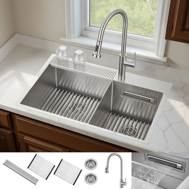 FORNO ACQUA 33 in. Drop-In/Undermount 40/60 Double Bowl Sink with Retractable Faucet & Waterfall FORNO ACQUA