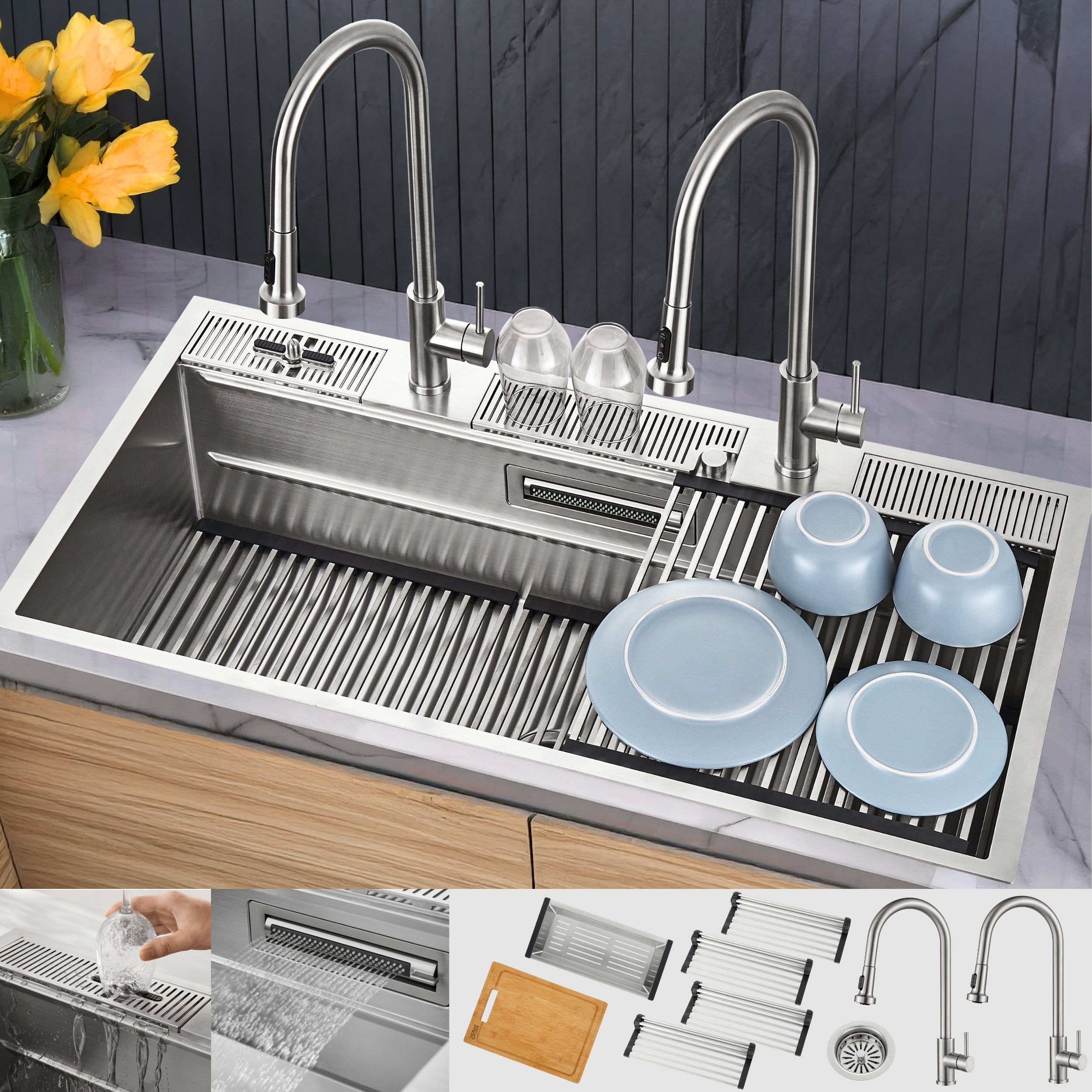 FORNO ACQUA 45 in. Drop-In/Undermount 3-Level Workstation Sink with Two Faucets & Glass Rinser