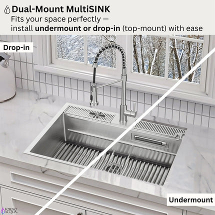 FORNO ACQUA 33 in. Drop-In/Undermount 50/50 Double Bowl Stainless Steel Sink with Faucet & Waterfall FORNO ACQUA
