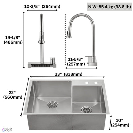 FORNO ACQUA 33 in. Drop-In/Undermount 40/60 Double Bowl Stainless Steel Sink with Waterfall Faucet FORNO ACQUA