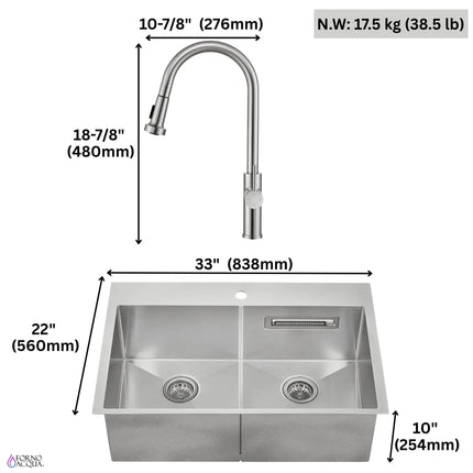 FORNO ACQUA 33 in. Drop-In/Undermount 50/50 Double Bowl Stainless Steel Sink with Faucet & Waterfall FORNO ACQUA