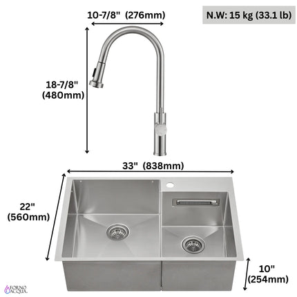 FORNO ACQUA 33 in. Drop-In/Undermount 40/60 Double Bowl Sink with Retractable Faucet & Waterfall FORNO ACQUA