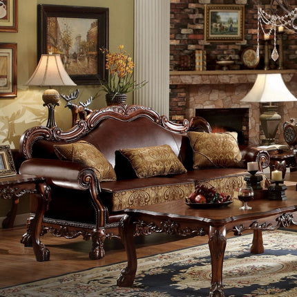ACME 15160 Dresden Sofa with 3 Pillows, Brown PU & Chenille, Cherry Oak