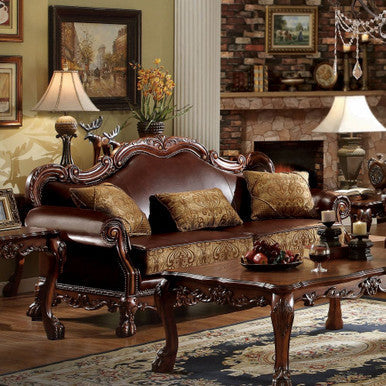 ACME 15160 Dresden Sofa with 3 Pillows, Brown PU & Chenille, Cherry Oak ACME Furniture