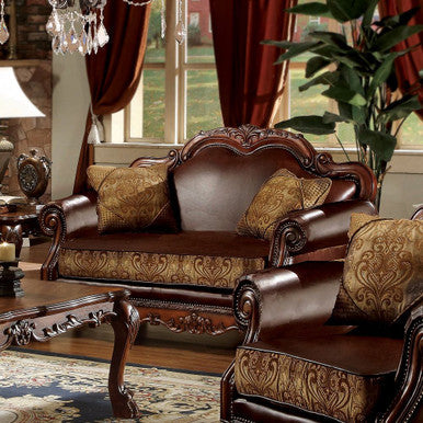 ACME 15161 Dresden Loveseat with 2 Pillows, Brown PU & Chenille, Cherry Oak ACME Furniture