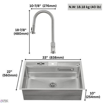 FORNO ACQUA 33 in. Drop-In/Undermount 3-Level Workstation Sink with Faucet, Waterfall & Glass Rinser FORNO ACQUA