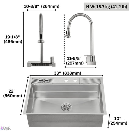 FORNO ACQUA 33 in. Drop-In/Undermount MultiSINK Workstation Sink with Waterfall Faucet & Glass Rinser FORNO ACQUA