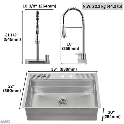 FORNO ACQUA 33 in. Drop-In/Undermount 3-Level MultiSINK Workstation Sink with Waterfall Faucet & Glass Rinser FORNO ACQUA