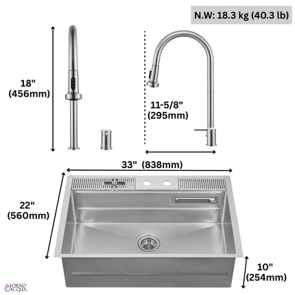 FORNO ACQUA 33 in. Drop-In/Undermount 3 Level Workstation Sink with Faucet, Waterfall & Glass Rinser FORNO ACQUA