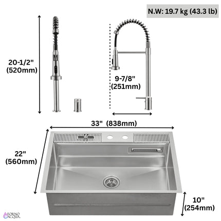 FORNO ACQUA 33 in. Drop-In/Undermount 3-Level Workstation Sink with Faucet, Waterfall & Glass Rinser FORNO ACQUA