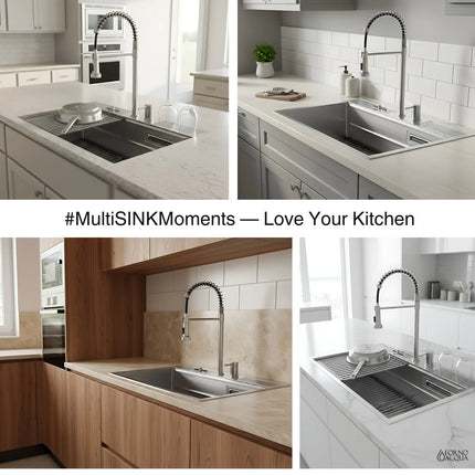 FORNO ACQUA 33 in. Drop-In/Undermount 3-Level Workstation Sink with Faucet, Waterfall & Glass Rinser FORNO ACQUA