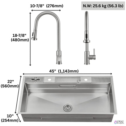 FORNO ACQUA 45 in. Drop-In/Undermount 3-Level Workstation Sink with Two Faucets & Glass Rinser FORNO ACQUA