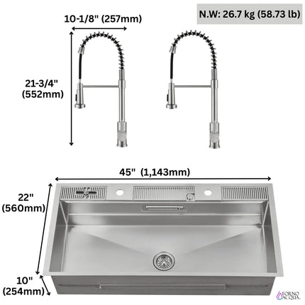 FORNO ACQUA 45 in. Drop-In/Undermount 3-Level Workstation Sink with Two Faucets & Glass Rinser FORNO ACQUA