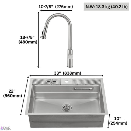 FORNO ACQUA 33 in. Drop-In/Undermount 3-Level Workstation with Retractable Faucet & Glass Rinser FORNO ACQUA