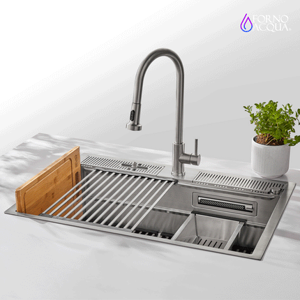 FORNO ACQUA 33 in. Drop-In/Undermount 3-Level Workstation Sink with Faucet, Waterfall & Glass Rinser FORNO ACQUA