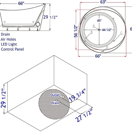EAGO AM2130  66" Round Free Standing Acrylic Air Bubble Bathtub EAGO