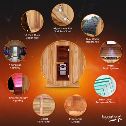 4-6-Person Outdoor Barrel Wet Sauna in White Cedar with ETL-Certified 6.2kW Sauna Rock Heater, and Bitumen Shingle Roof SteamSpa