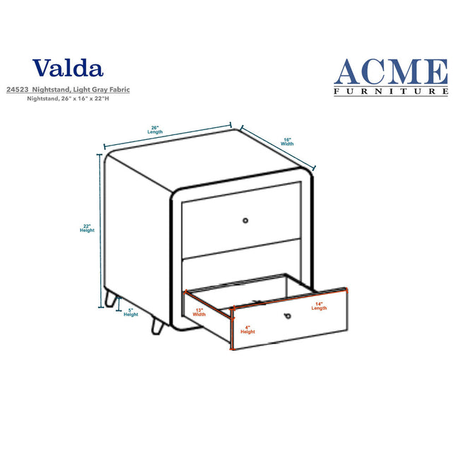 ACME 24523 Valda Nightstand, Light Gray Fabric