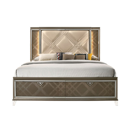 ACME 25317EK Skylar Eastern King Bed with Storage, LED, PU & Dark Champagne