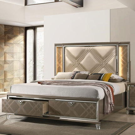 ACME 25320Q Skylar Queen Bed with Storage, LED, PU & Dark Champagne