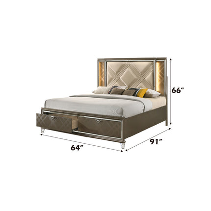 ACME 25320Q Skylar Queen Bed with Storage, LED, PU & Dark Champagne