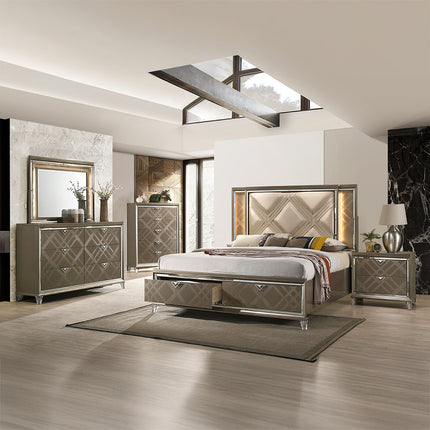 ACME 25320Q Skylar Queen Bed with Storage, LED, PU & Dark Champagne