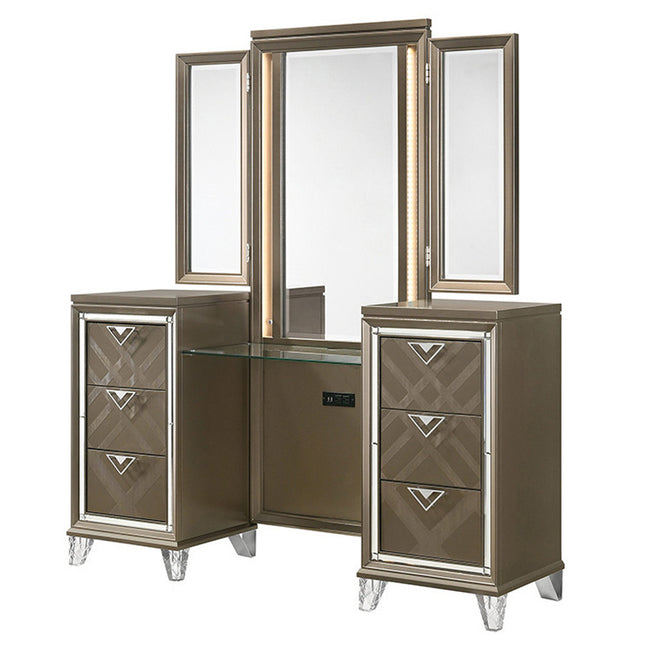 ACME 25327 Skylar Vanity Desk & Mirror, LED & Dark Champagne