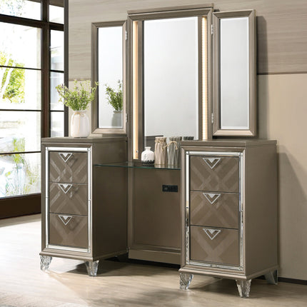 ACME 25327 Skylar Vanity Desk & Mirror, LED & Dark Champagne