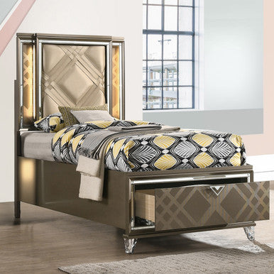 ACME 25335F Skylar Full Bed with Storage, LED, PU & Dark Champagne ACME Furniture