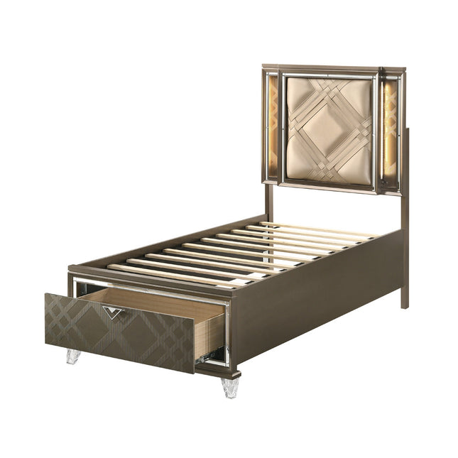 ACME 25340T Skylar Twin Bed with Storage, LED, PU & Dark Champagne