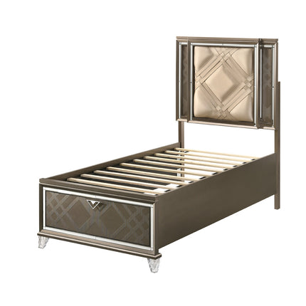 ACME 25340T Skylar Twin Bed with Storage, LED, PU & Dark Champagne