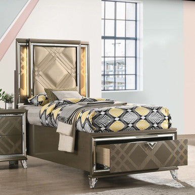ACME 25340T Skylar Twin Bed with Storage, LED, PU & Dark Champagne ACME Furniture