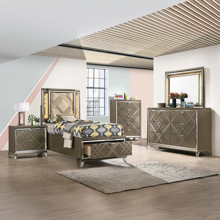 ACME 25340T Skylar Twin Bed with Storage, LED, PU & Dark Champagne