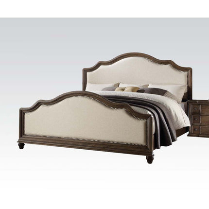 ACME 26107EK Baudouin Eastern King Bed, Beige Linen & Weathered Oak (1Set/3Ctn)
