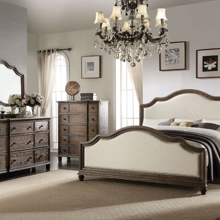 ACME 26110Q Baudouin Queen Bed, Beige Linen & Weathered Oak (1Set/3Ctn)