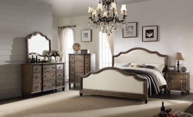 ACME 26110Q Baudouin Queen Bed, Beige Linen & Weathered Oak (1Set/3Ctn) ACME Furniture